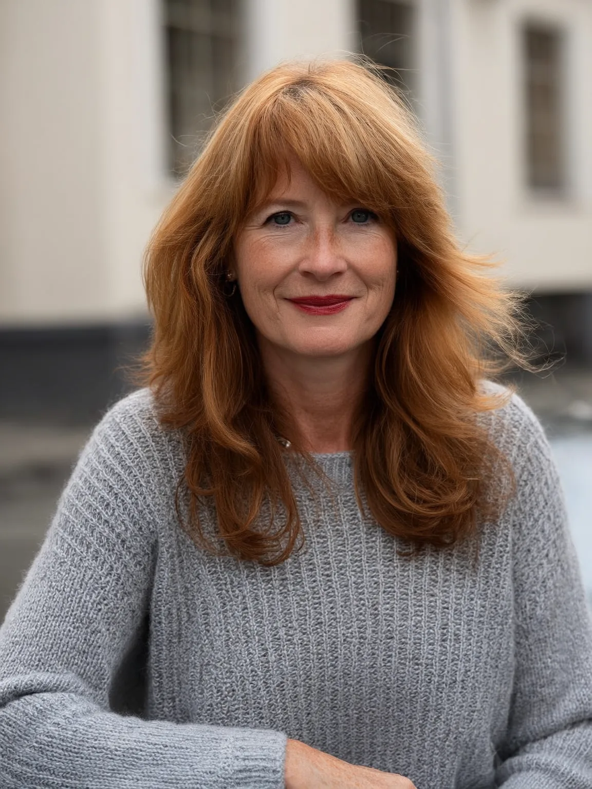 Medium Wavy Copper Red Layers with Side-Swept Bangs